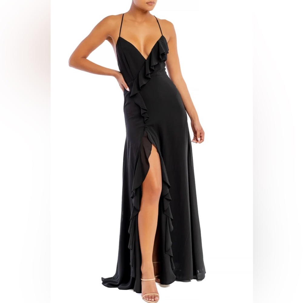 Luxxel Fashion Strap Ruffle Black Maxi Dress Middle Slit Womens Size S